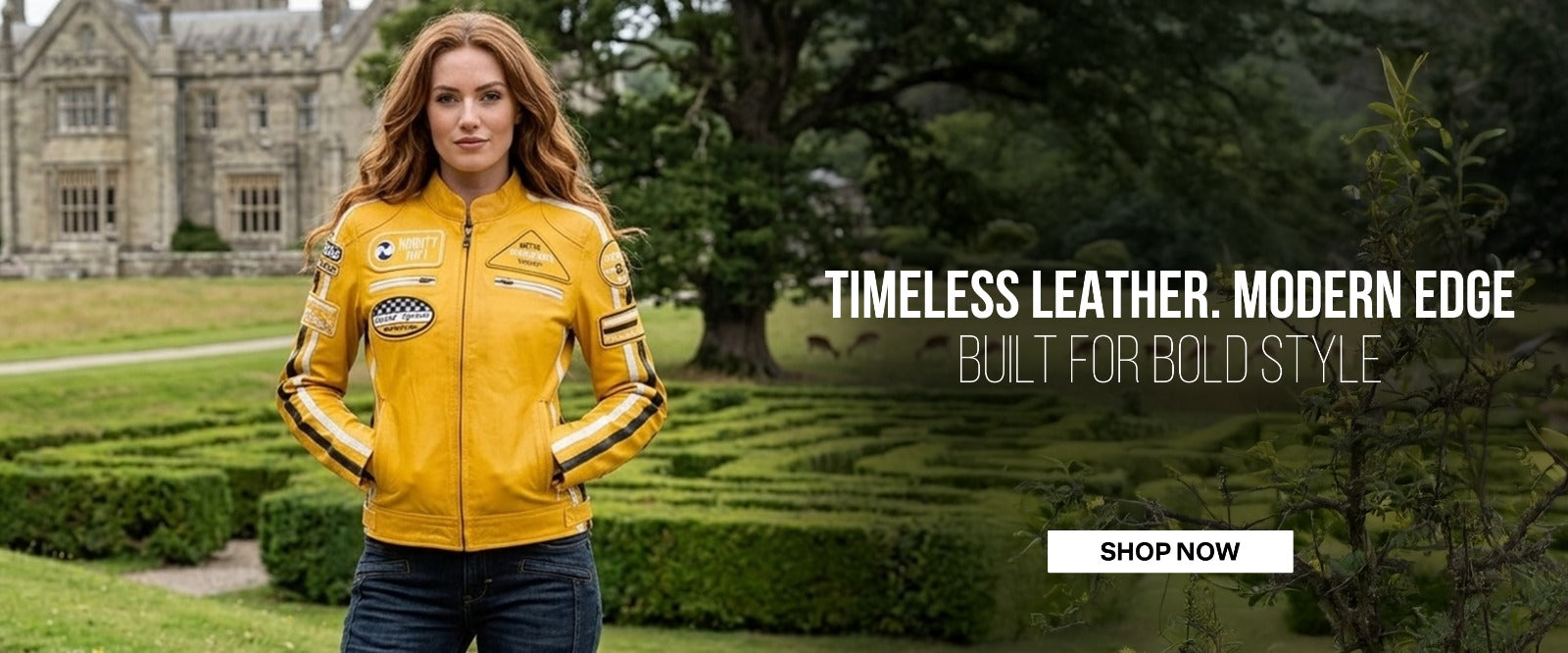 Woman wearing a yellow leather jacket in a garden setting with promotional text.