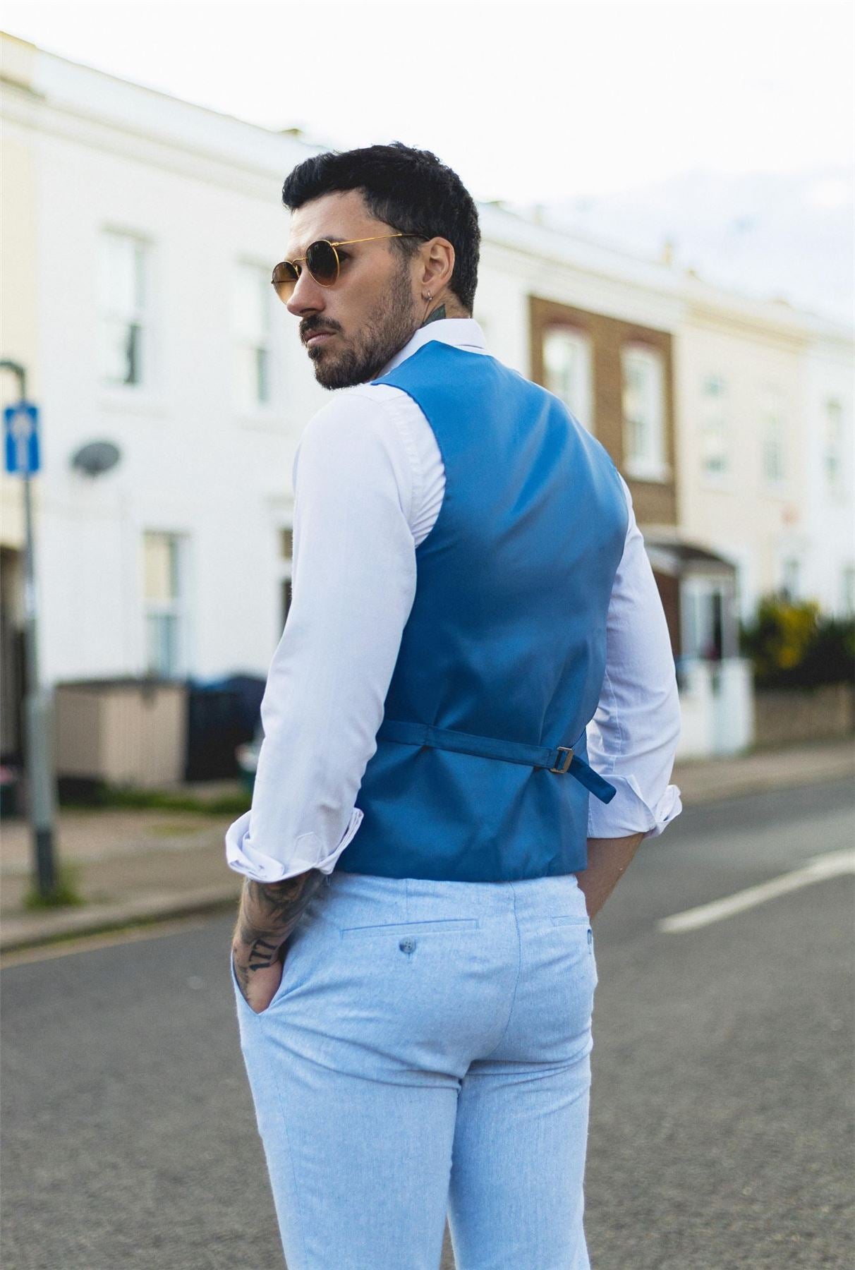 Men's Summer 2 Piece Suit Linen Formal Light Blue Waistcoat Trousers