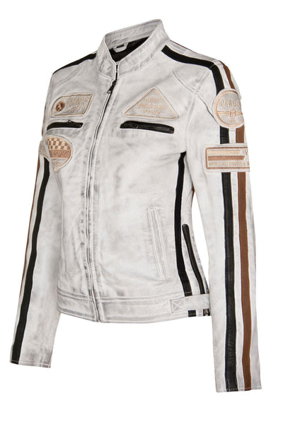 Womens Biker Racing Badges Leather Jacket-Eastleigh - Upperclass Fashions 