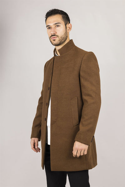 Men's Brown Stand Collar Wool Blend Overcoat