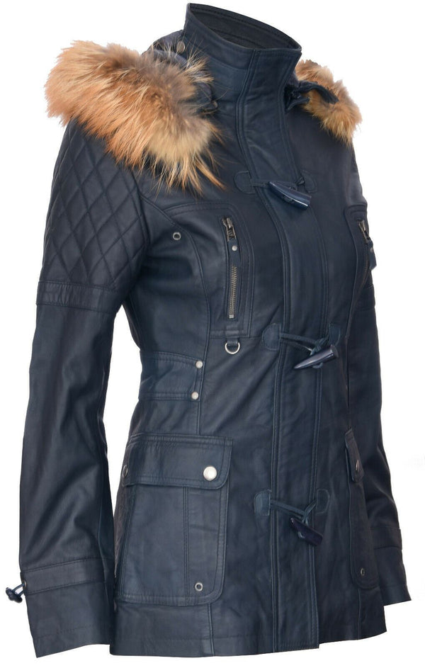 Womens Quilted Leather Hooded Parka Jacket-Northampton - Upperclass Fashions 