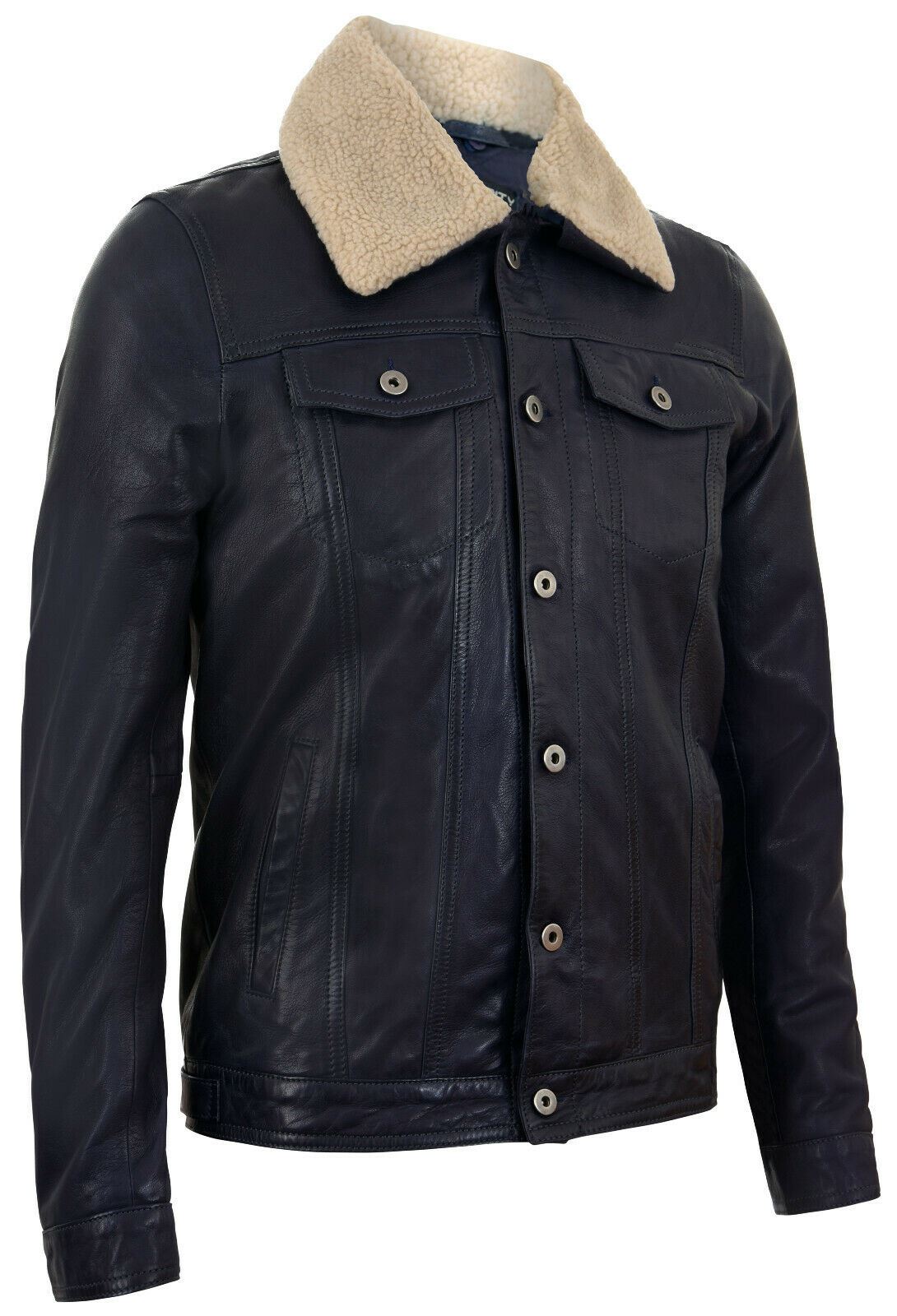 Mens Removable Collar Leather Trucker Jacket-Zagreb