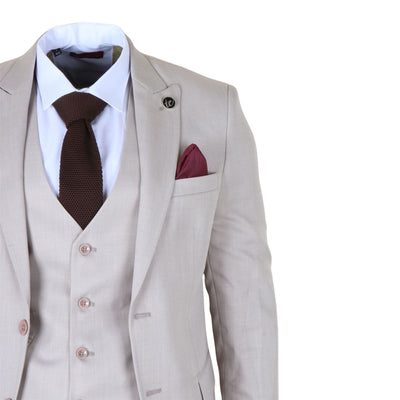 Men's Cream 3-Piece Tailored Fit Formal Wedding Peak Lapel Suit