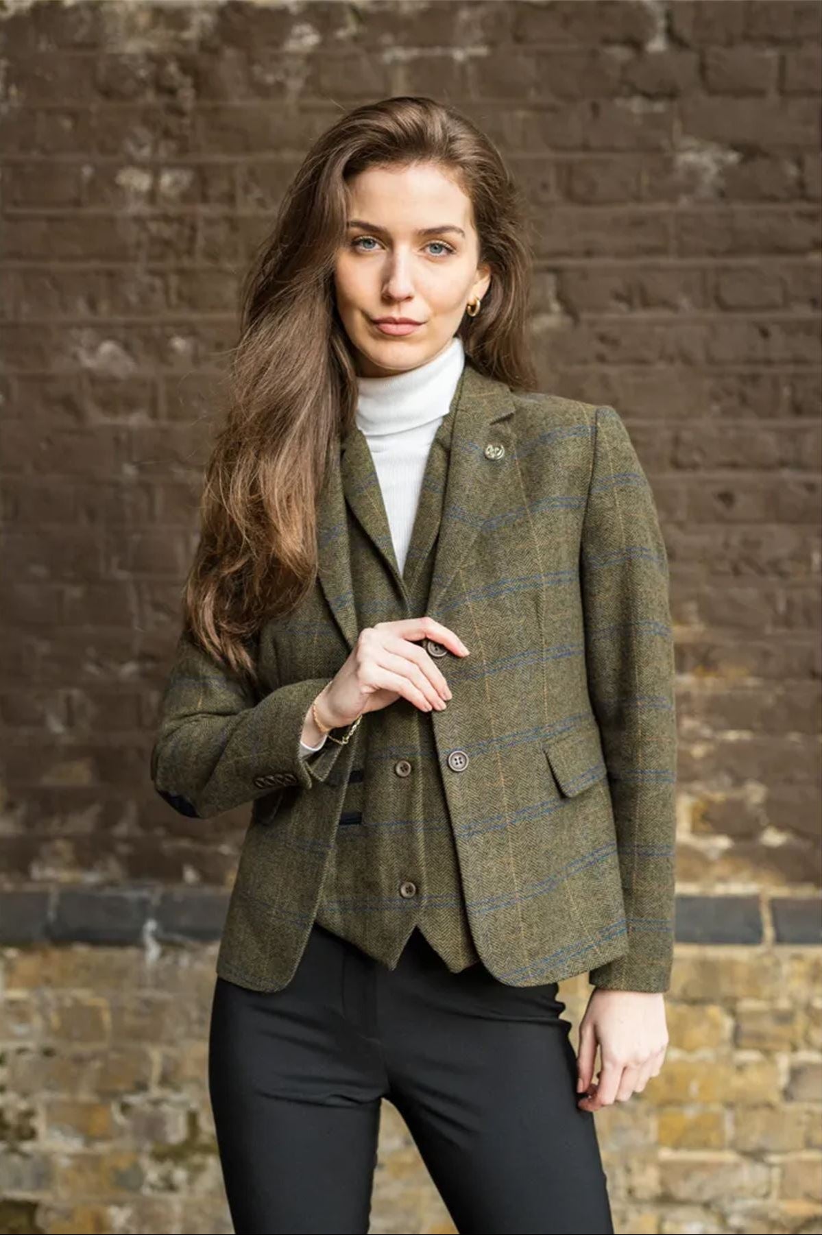 Women's Olive 2 Piece Set Tweed Blazer Waistcoat in Herringbone Check
