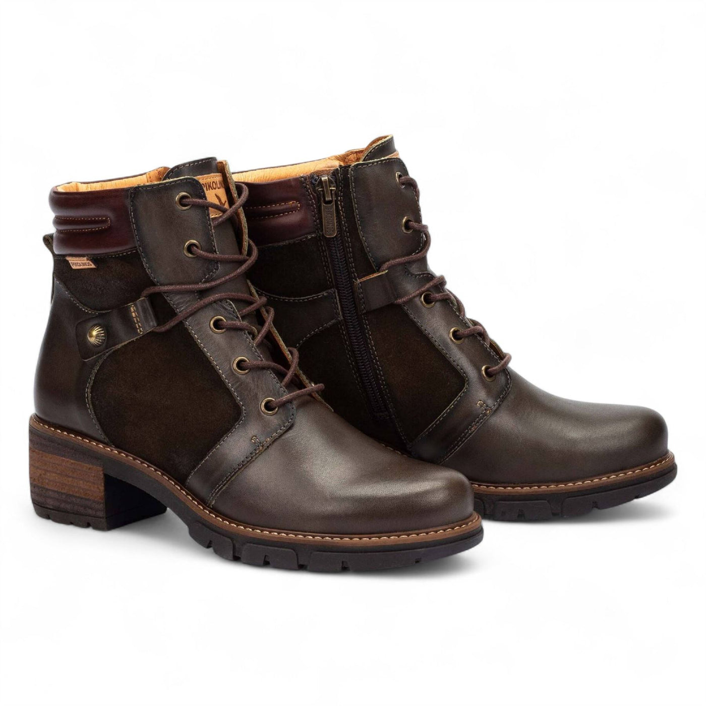 Pikolinos Women’s Forest Brown Leather Zip & Lace Up Heel Ankle Boots - San Sebastia