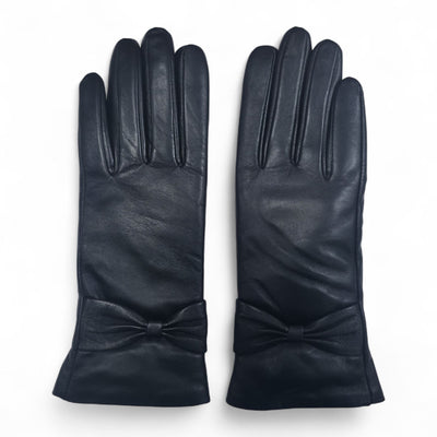 Womens Italian Leather Winter Bow Design Soft Wool Lining Gloves - L-GLV-401