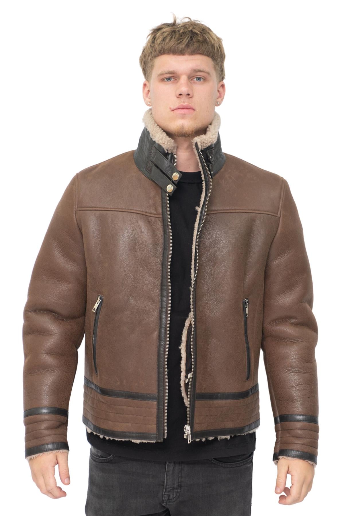 Mens Retro Pilot Sheepskin Leather Biker Jacket-Helmsley