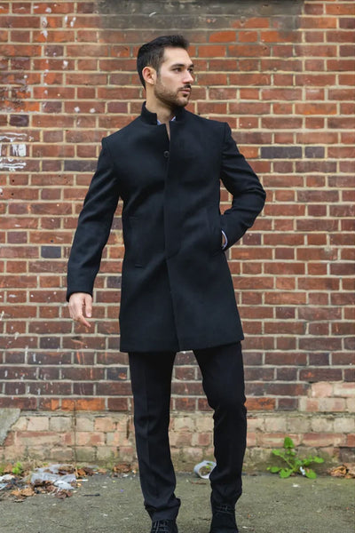 Men's Black Stand Collar Wool Blend Overcoat