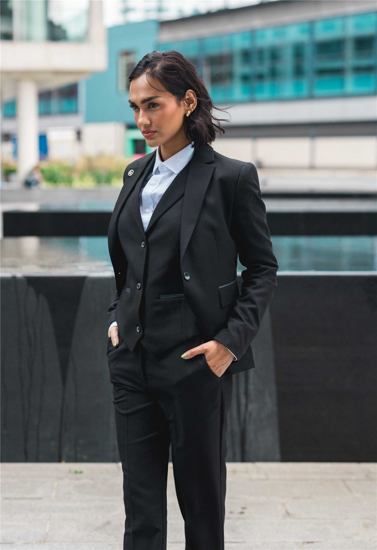 Women's 3 Piece Tailored Fit Plain Black Formal Office Suit