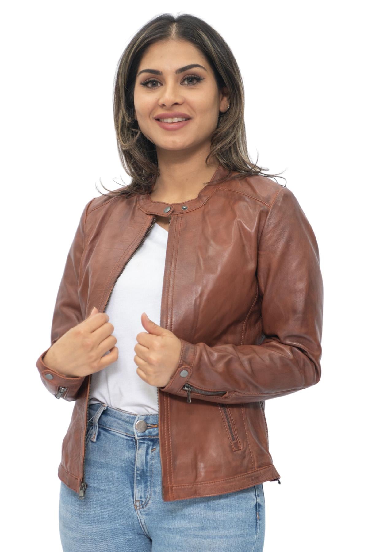 Womens Tan Leather Biker Jacket-Prague