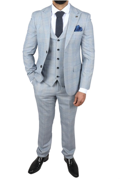 Men's Blue Checked 3 Piece Suit Tailored Fit Suit Formal Wedding