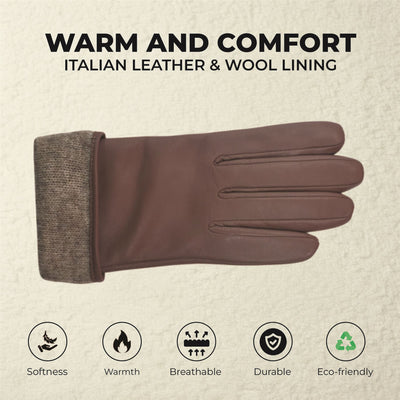 Womens Italian Leather Winter Button Design Soft Wool Lining Gloves - L-GLV-501