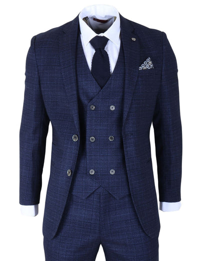 Men's Blue Plaid Check 3 Piece Slim Fit Formal Wedding Suit