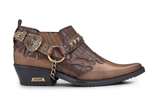 Men’s Tan Croc Leather Winklepicker Studded Western Biker Boots