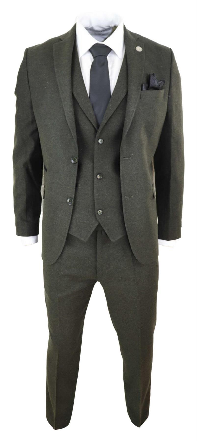 Mens 3 Piece Olive Green Wool Tweed Vintage Retro Suit
