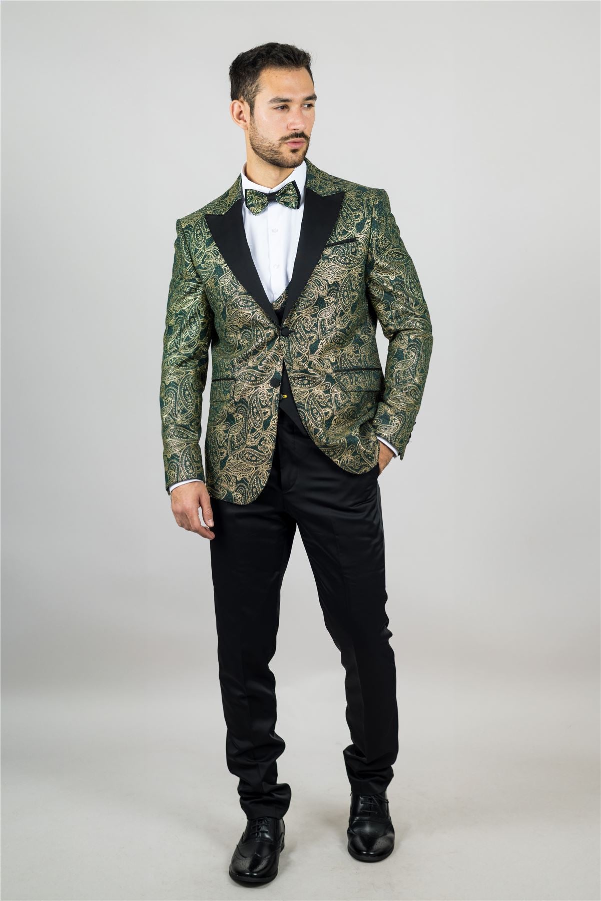 Men's 4 Piece Green Paisley Wedding Suit Tailor Fit