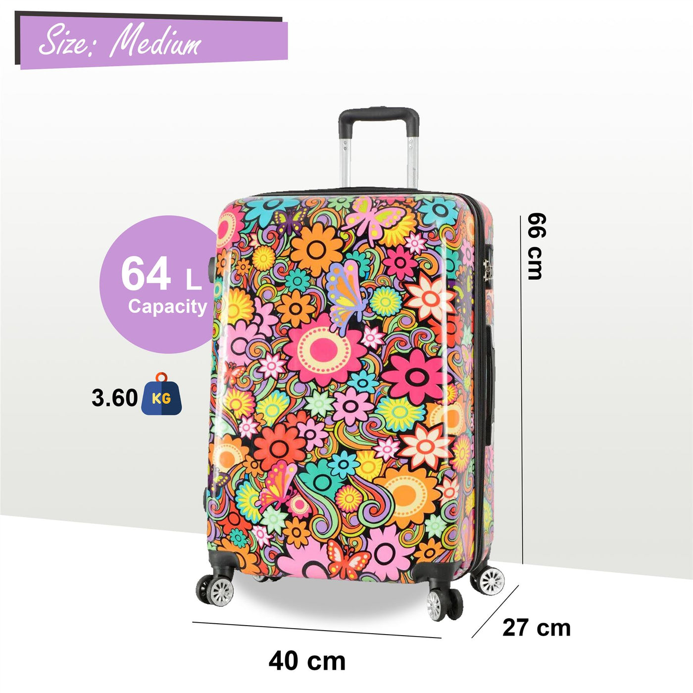 Hardside Shell Suitcase Set Flower Print Luggage Lightweight Cabin Travel Bag