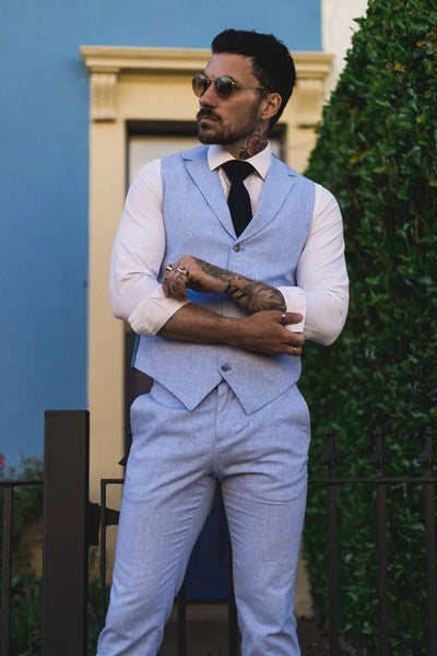 Men's Summer 2 Piece Suit Linen Formal Blue Waistcoat Trousers