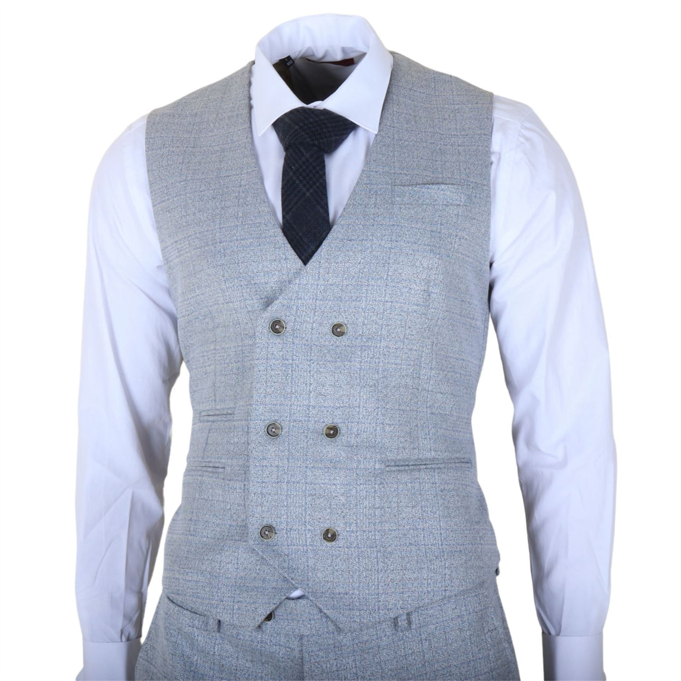 Men's Light Blue Plaid Check 3 Piece Slim Fit Formal Wedding Suit