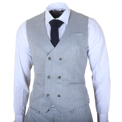 Men's Light Blue Plaid Check 3 Piece Slim Fit Formal Wedding Suit