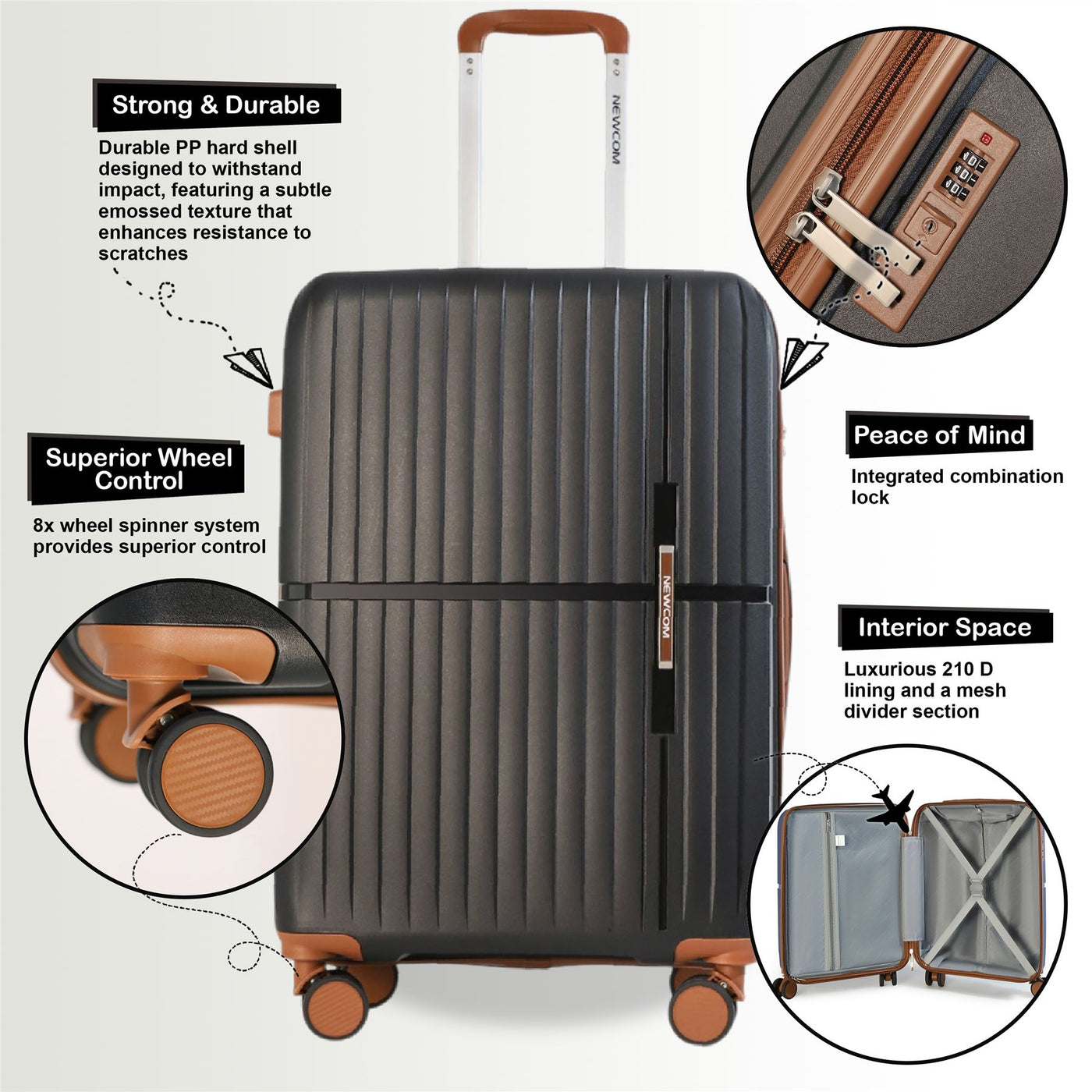 Hard Shell Cabin 37 x 22 x 56 cm PP Luggage Suitcase Suitable for Easyjet, Ryanair
