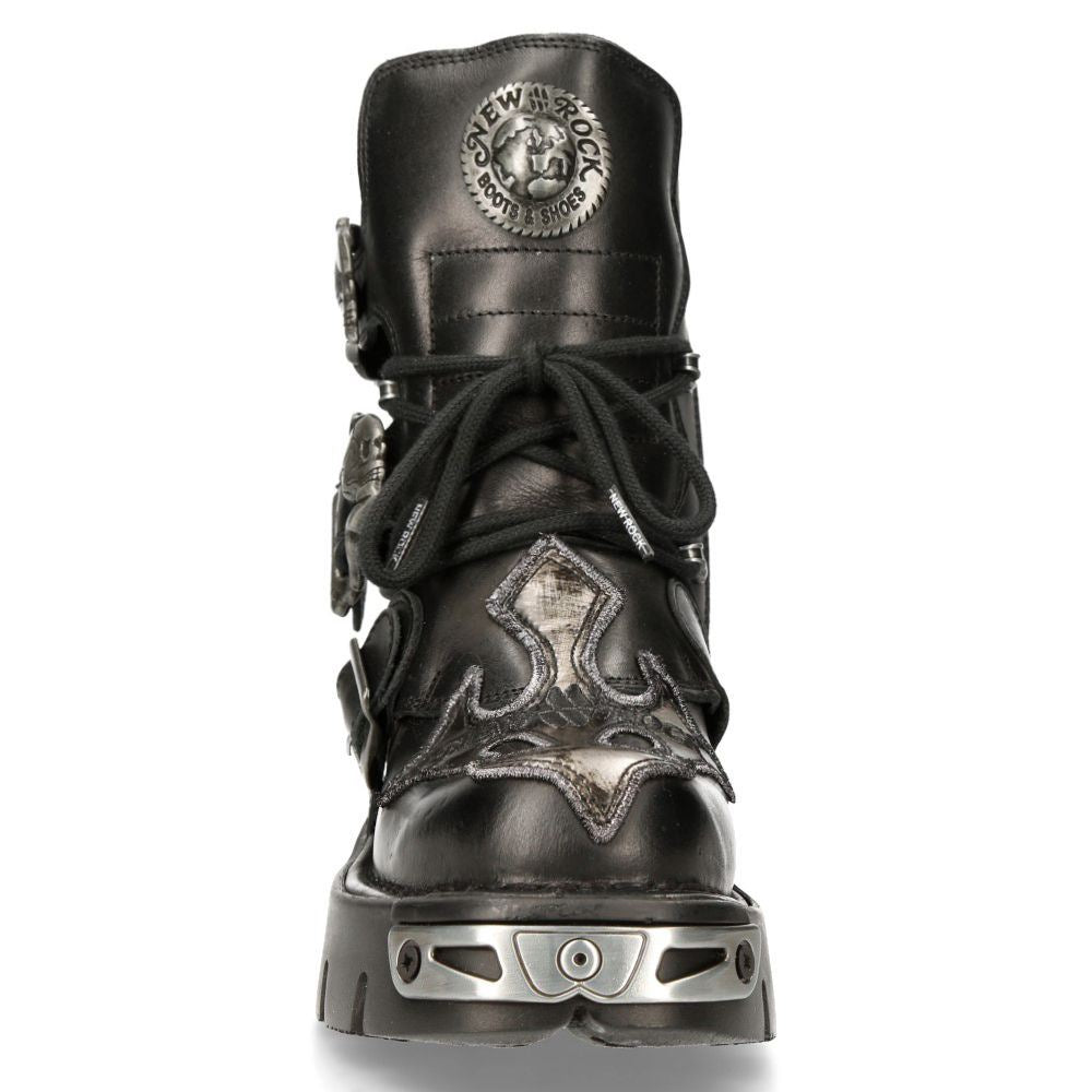 New Rock Silver Cross Black Leather Biker Boots-407-S1