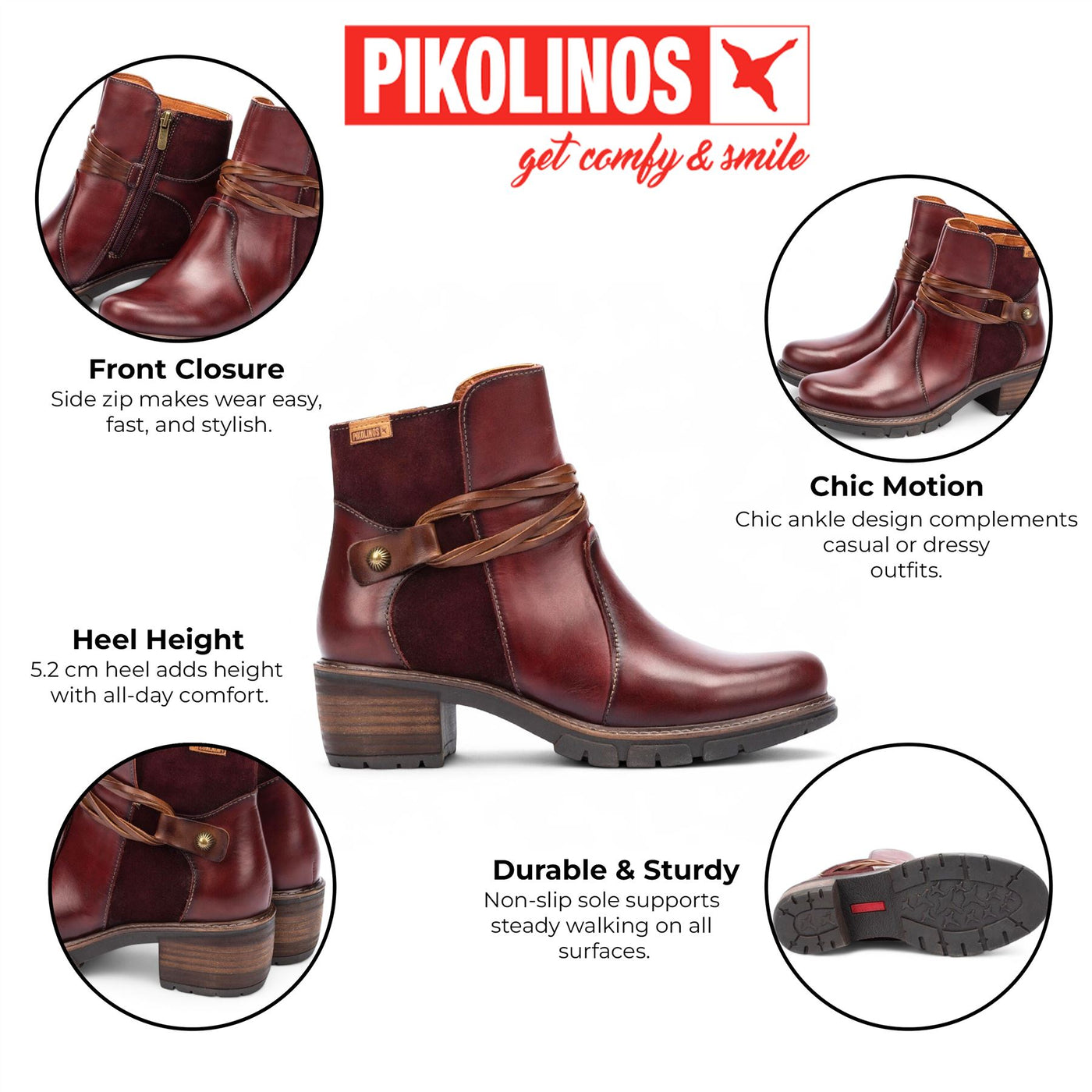 Pikolinos Women’s Arcilla Red Leather Zipped Heel Ankle Boots - San Sebastia