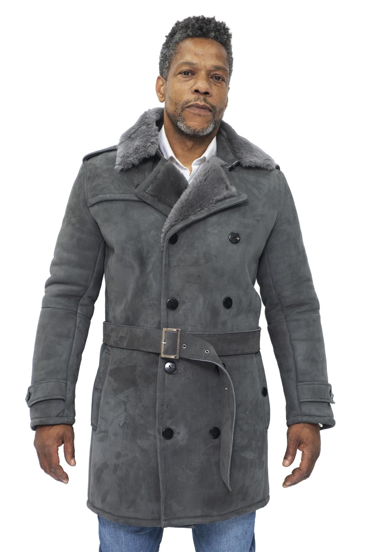 Mens Shearling Sheepskin Suede Pea Coat-Kempston