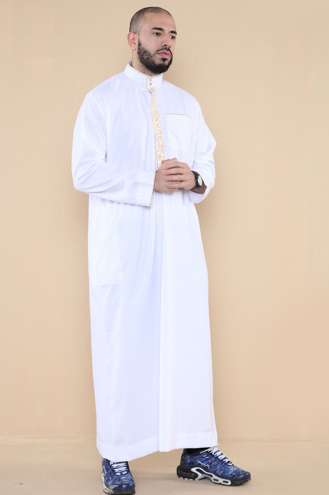 Mens Thobe Jubba Emirati Islamic Arabic Eid Embroidery Kaftan Jubbah Robe