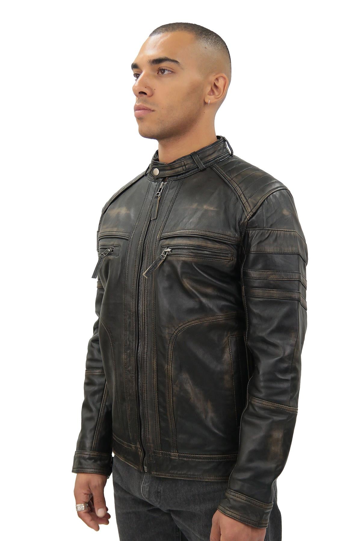 Men's Vintage Black Leather Biker Jacket-Naples