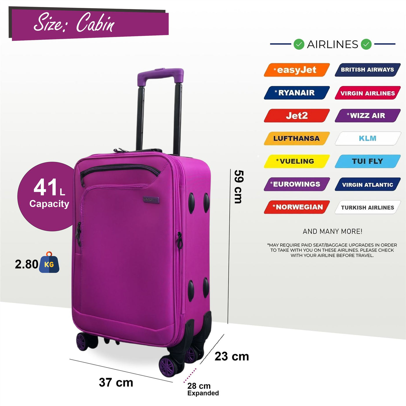 Soft Shell Cabin Suitcase 59 x 37 x 23 cm Luggage Suitable for Easyjet, Ryanair