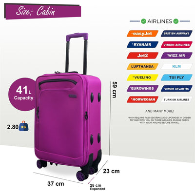 Soft Shell Cabin Suitcase 59 x 37 x 23 cm Luggage Suitable for Easyjet, Ryanair