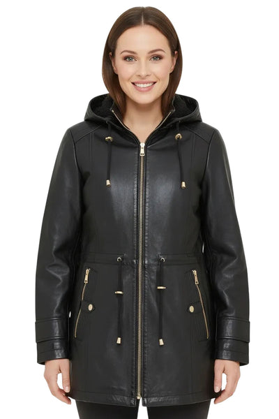 Women's Leather Parka Detachable Borg Hooded Trench Coat - Trekker