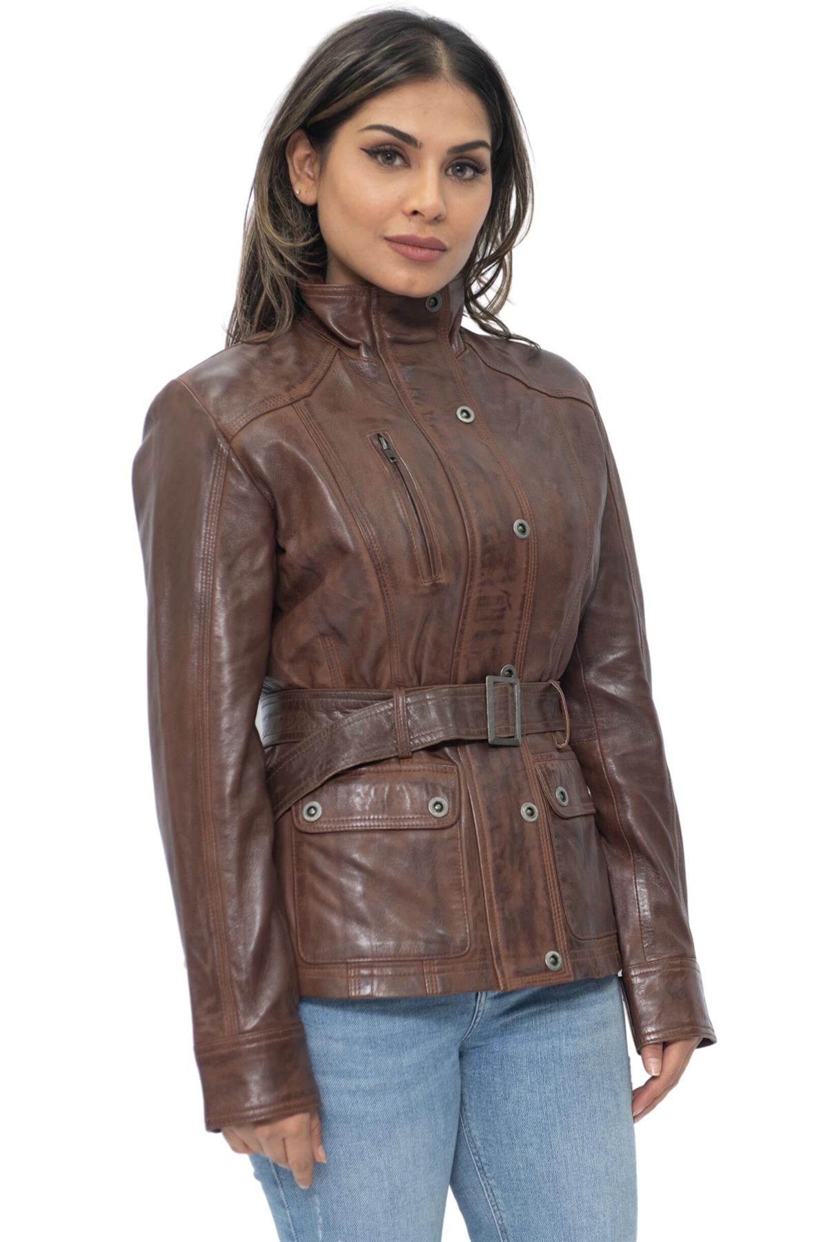 Womens Military Style Leather Biker Jacket-Phoenix