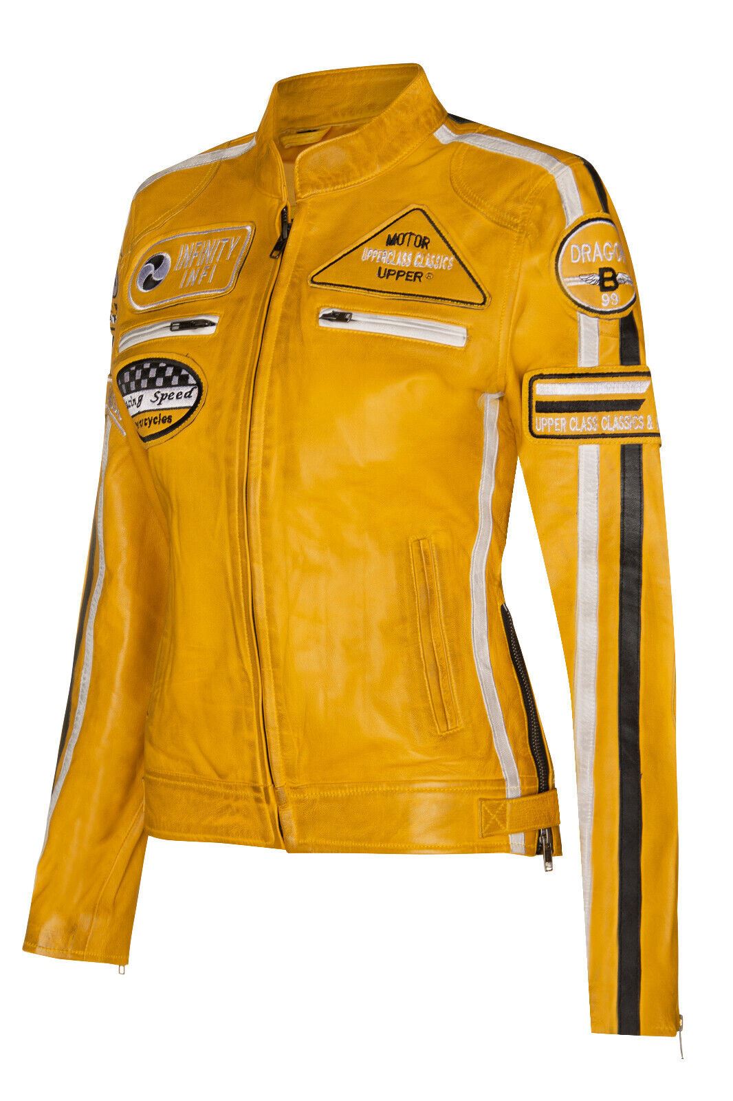 Womens Leather Biker Racing Badges Jacket-Agadir