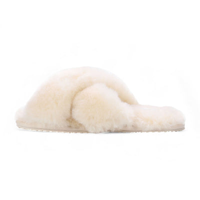 Women's Sheepskin Slippers Beige Warm Winter Fur Crossover - Snowbelle