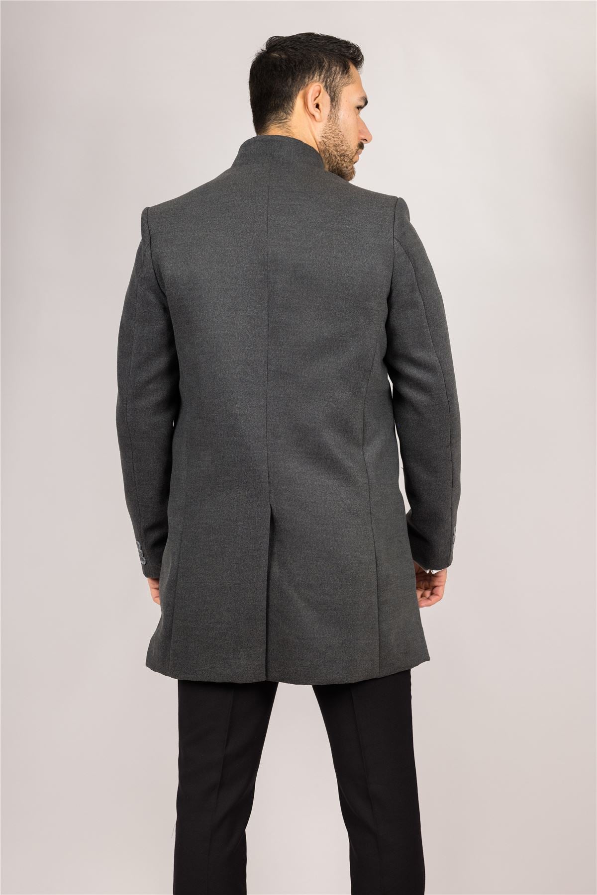 Men's Grey Stand Collar Wool Blend Overcoat