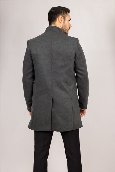 Men's Grey Stand Collar Wool Blend Overcoat