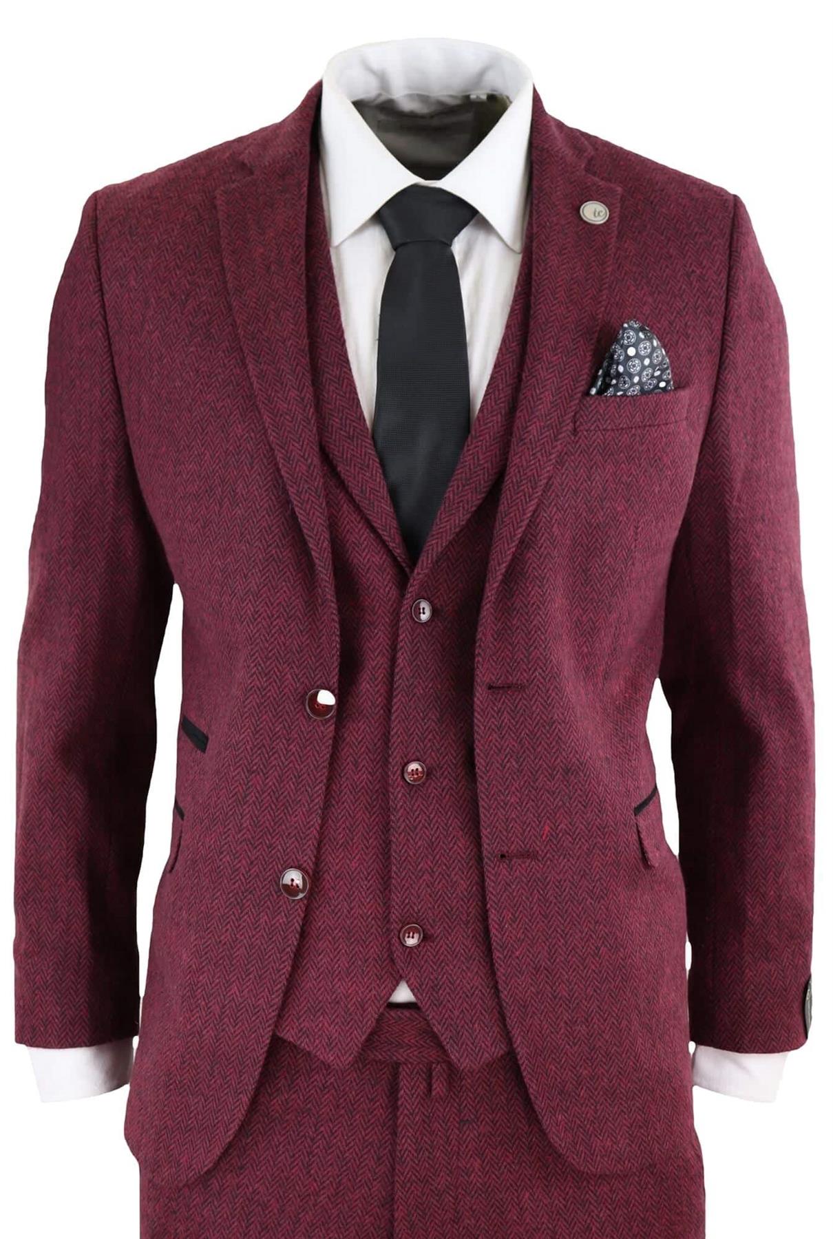 Mens 3 Piece Wine Herringbone Wool Tweed Retro Suit