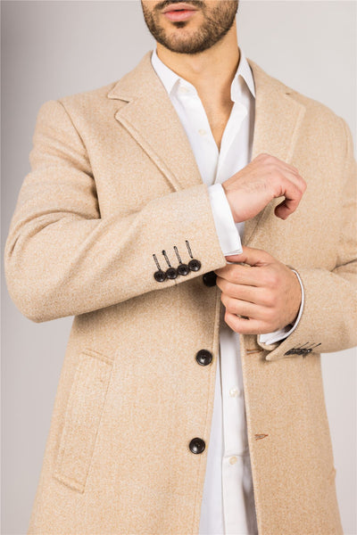Men's Notched Lapel Collar Wool Blend Beige Overcoat