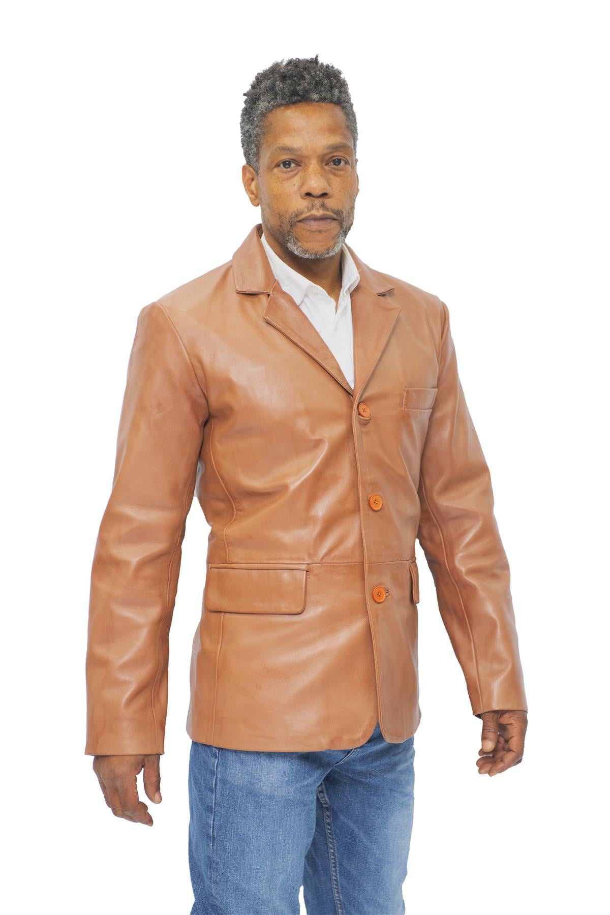 Mens 3 Button Leather Blazer Jacket-Dubai