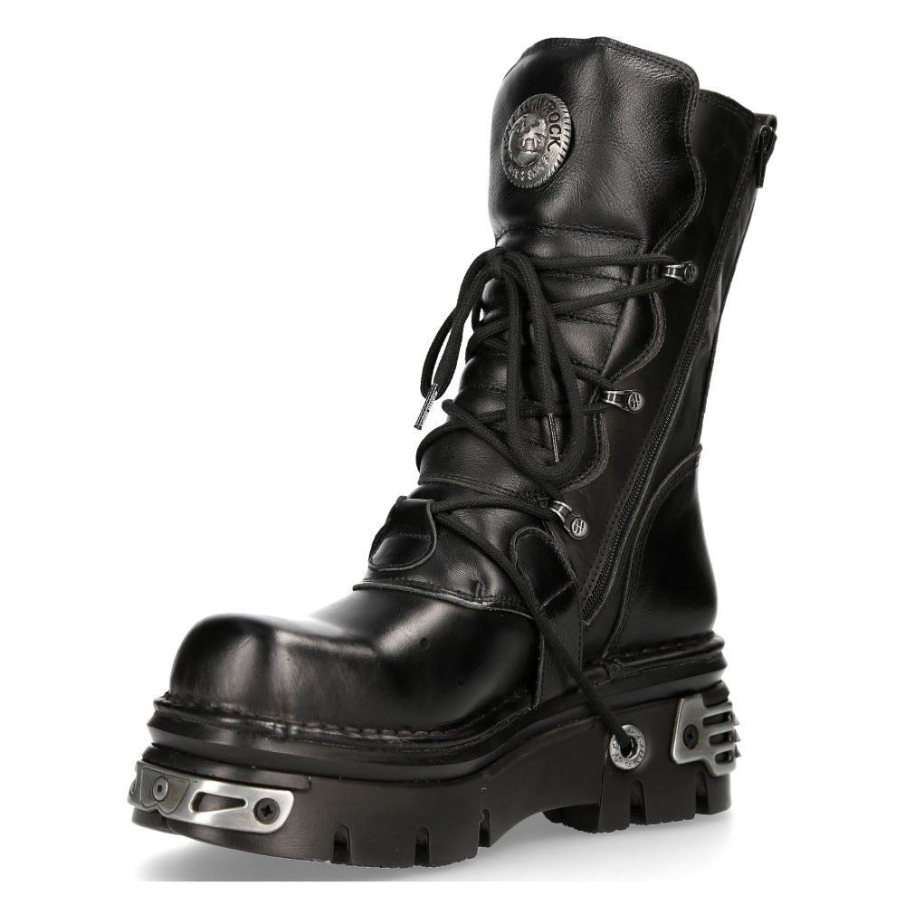 New Rock Unisex Black Leather Gothic Mid-Calf Boots-373-S4