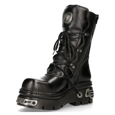 New Rock Unisex Black Leather Gothic Mid-Calf Boots-373-S4