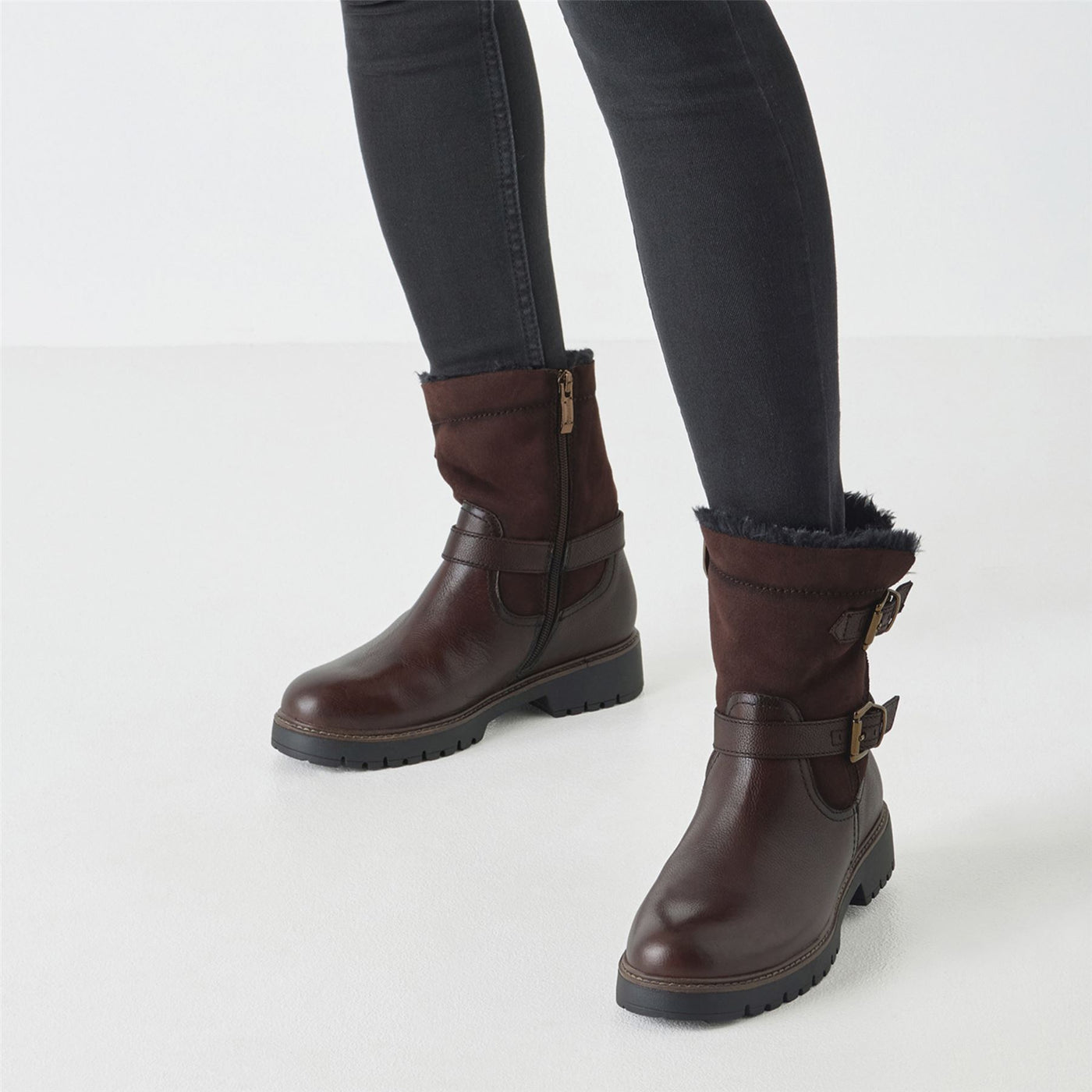 Tamaris Womens Winter Mocca Brown Leather Buckle Zip Biker Ankle Boots