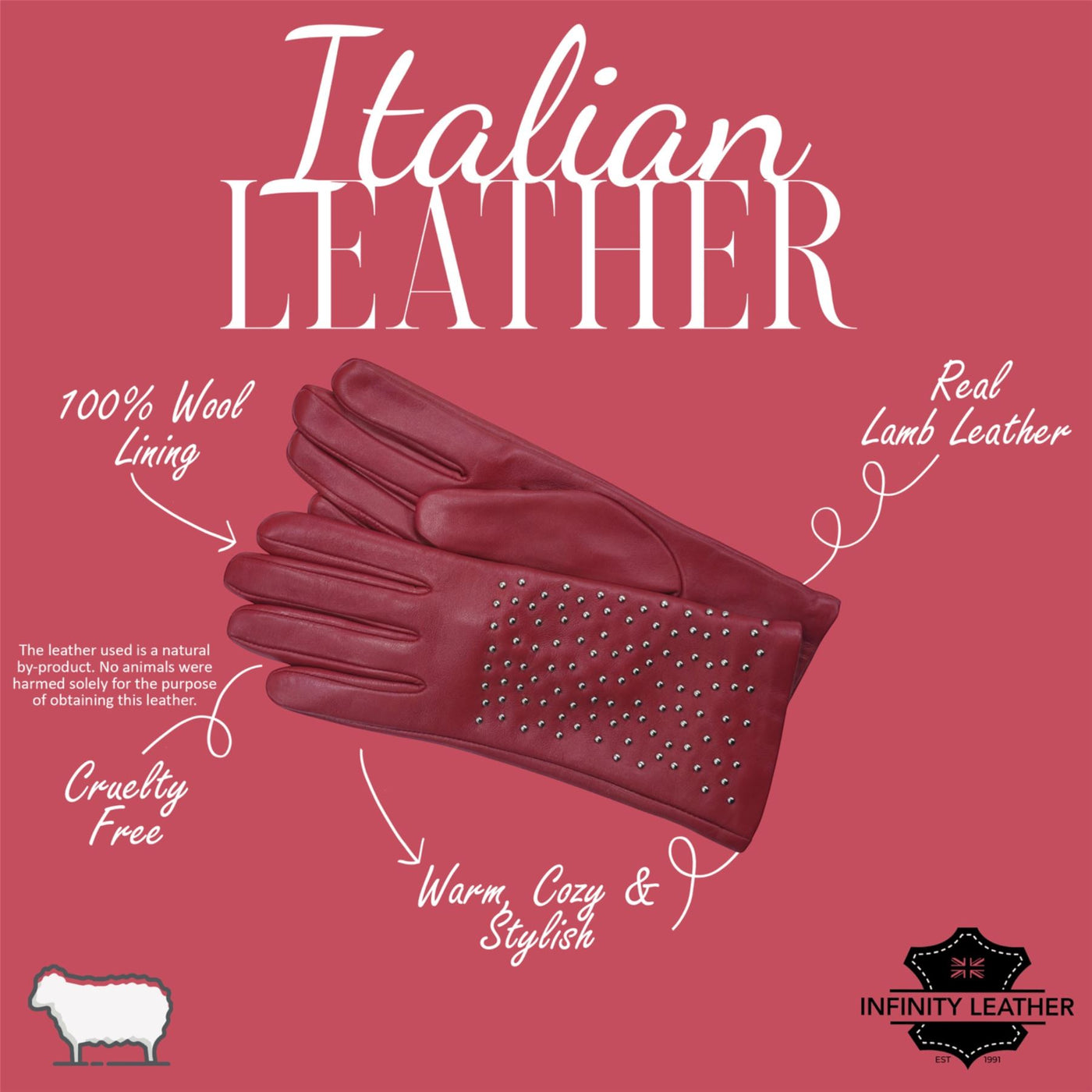 Womens Italian Leather Winter Studded Design Soft Wool Lining Gloves - L-GLV-601