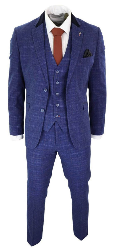 Mens 3 Piece Blue Tweed Check Vintage Classic Suit