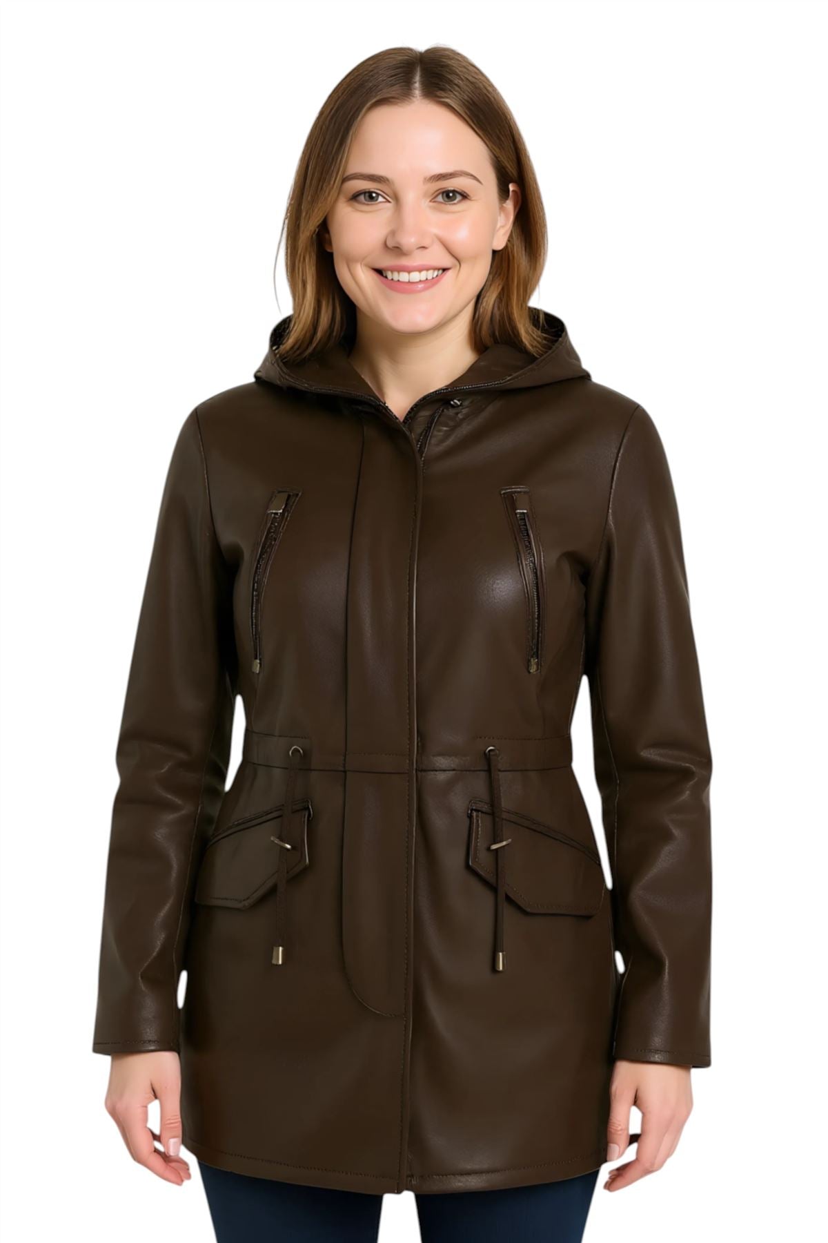 Giacca parka con cappuccio in pelle da donna - Bucarest