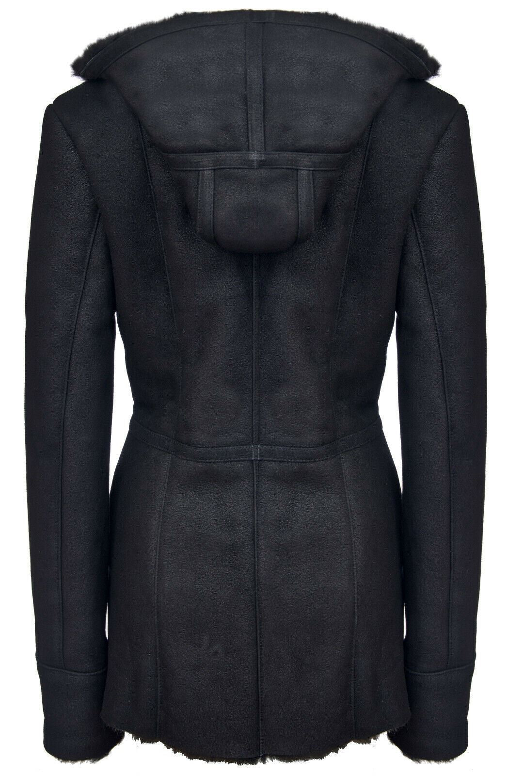 Womens Black Hooded Merino Sheepskin Jacket-Mandalay
