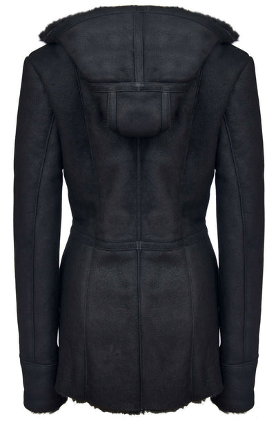 Womens Black Hooded Merino Sheepskin Jacket-Mandalay