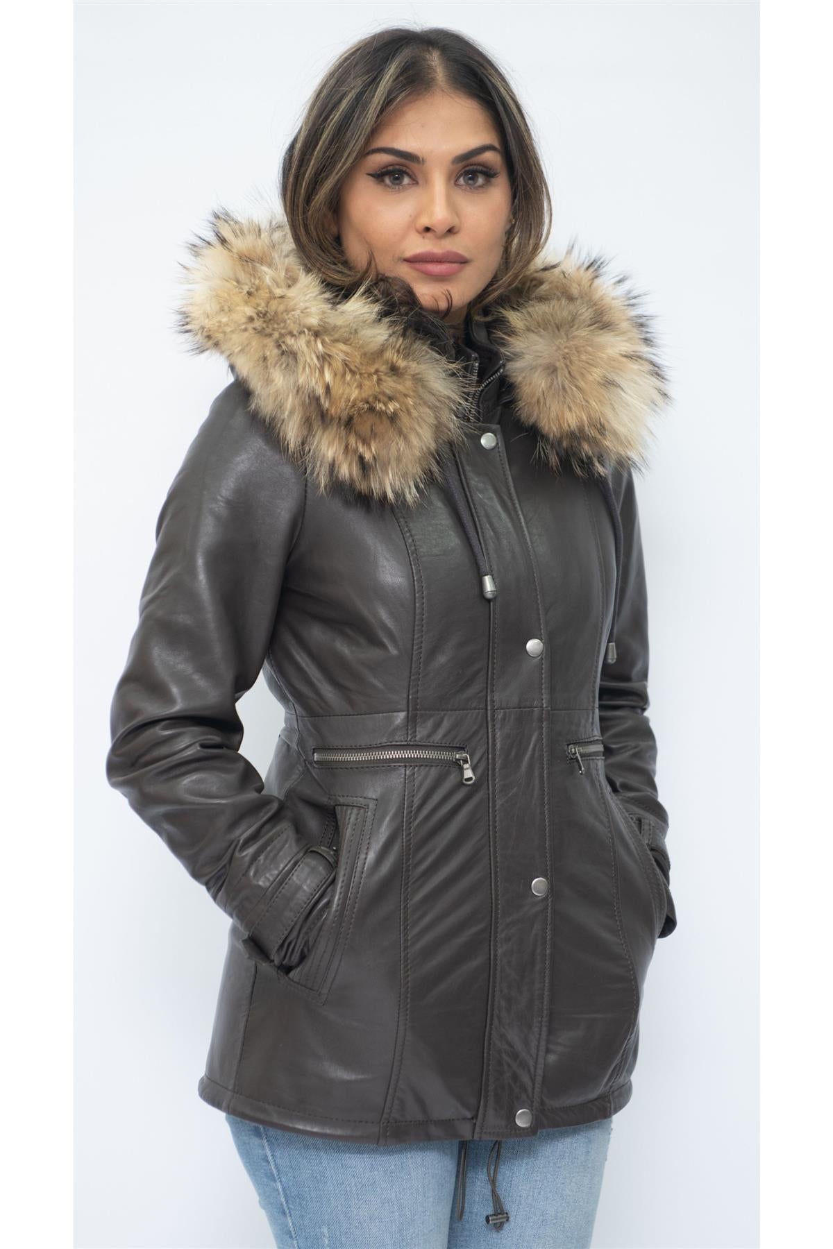 Womens Leather Hooded Parka Jacket-Putian